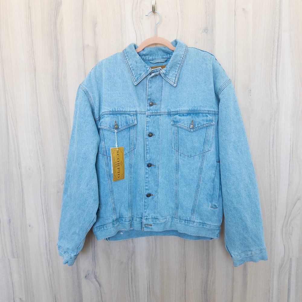 VTG Scorpio Mens Denim Jacket L Light Wash Rooster Sherpa Lined Trucker Western